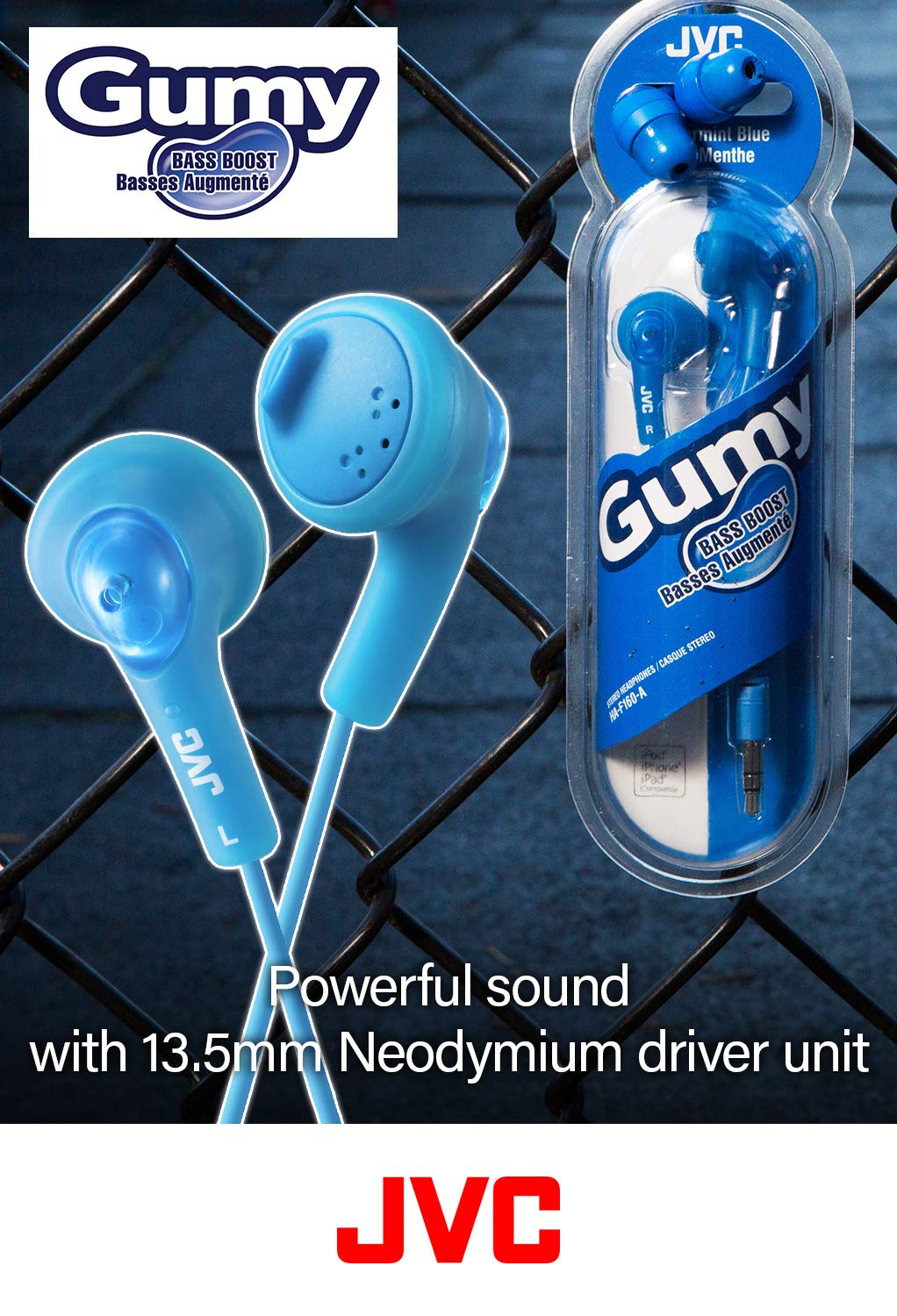 JVC Basic Gumy Earbuds Blue, Model Number: HA-F160-A, 3