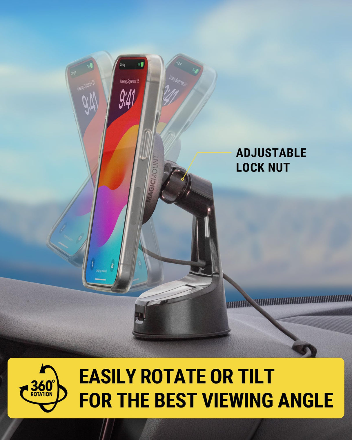 Scosche MPQMRWD-SP MagicMount Charge Pro Qi2 MagSafe Car Mount Charger, 15W Fast Magnetic Wireless Charging Phone Holder for Dashboard/Windshield Compatible with iPhone 16/15/14/13/12 Pro, Pro Max