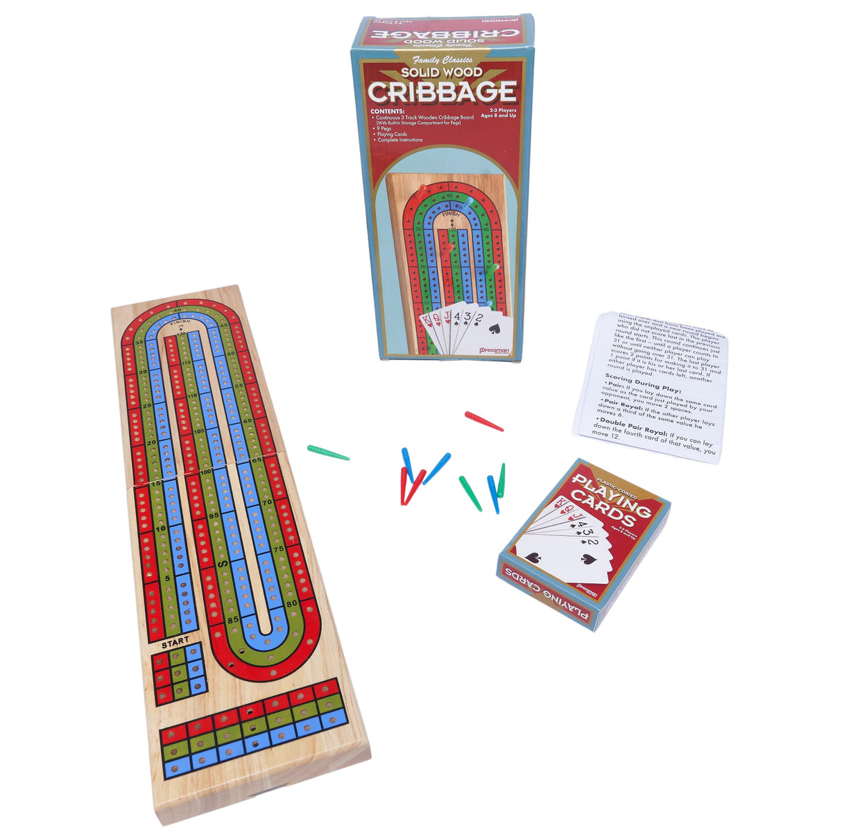 Cribbage with Cards - Solid Wood Continuous 3 Track Board with Built-In Storage Compartment for Pegs