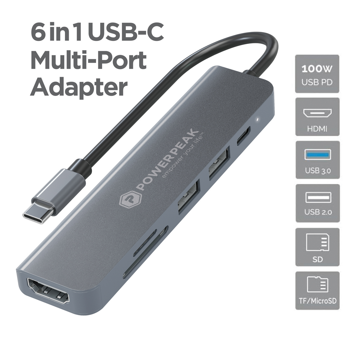 PowerPeak 6 in 1 USB C to HDMI Splitter, 2 USB 3.1, 1 USB-C, 1 Type-C PD charging, 1 MicroSD card slot, 1 SD card slot