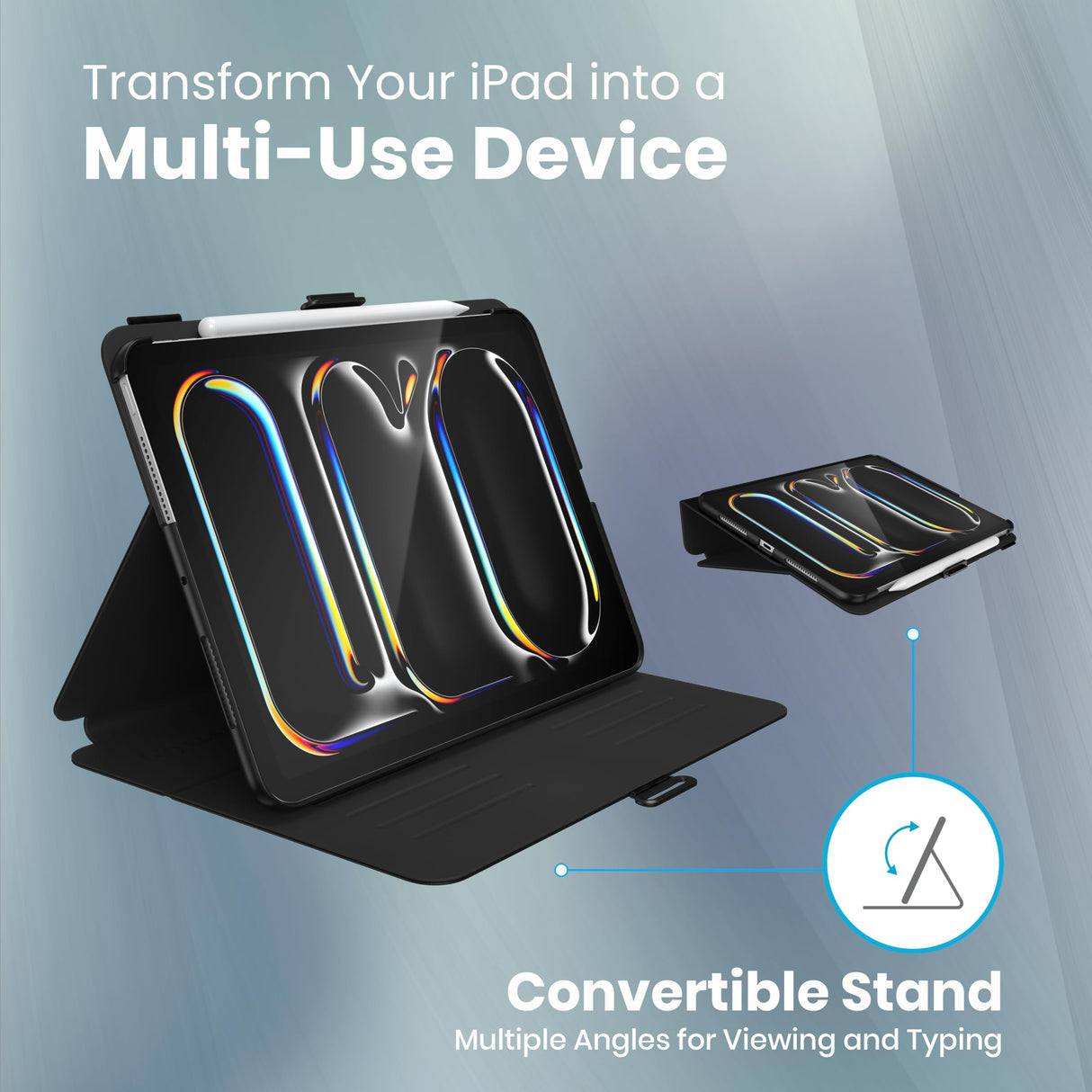 Speck New iPad Pro 11 Inch Case (2024 Model, 5th Gen) - with Pencil Holder, Drop & Camera Protection, Slim Multi Range Stand, Balance Folio, No Auto/Sleep Wake Function - Black/Black/White