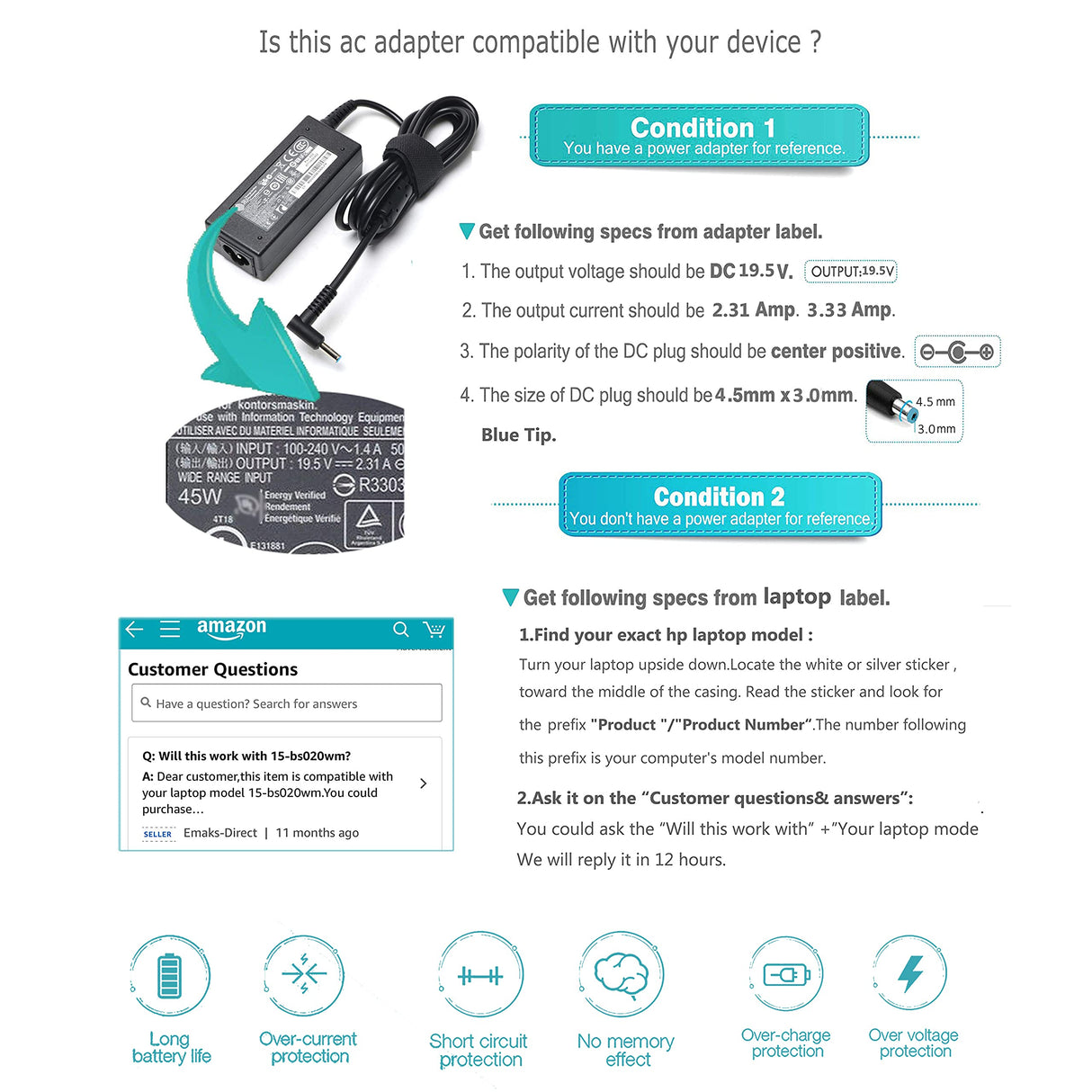 45W 65W Laptop Charger SK90A195231 for HP Pavilion 15-F:15-f111dx 15-f272wm 15-f211wm 15-f271wm 15-f233wm 15-f387wm 15-f211nr 15-f337wm 15-f224wm and More hp Laptop Power Supply Cargador Ac Adapter