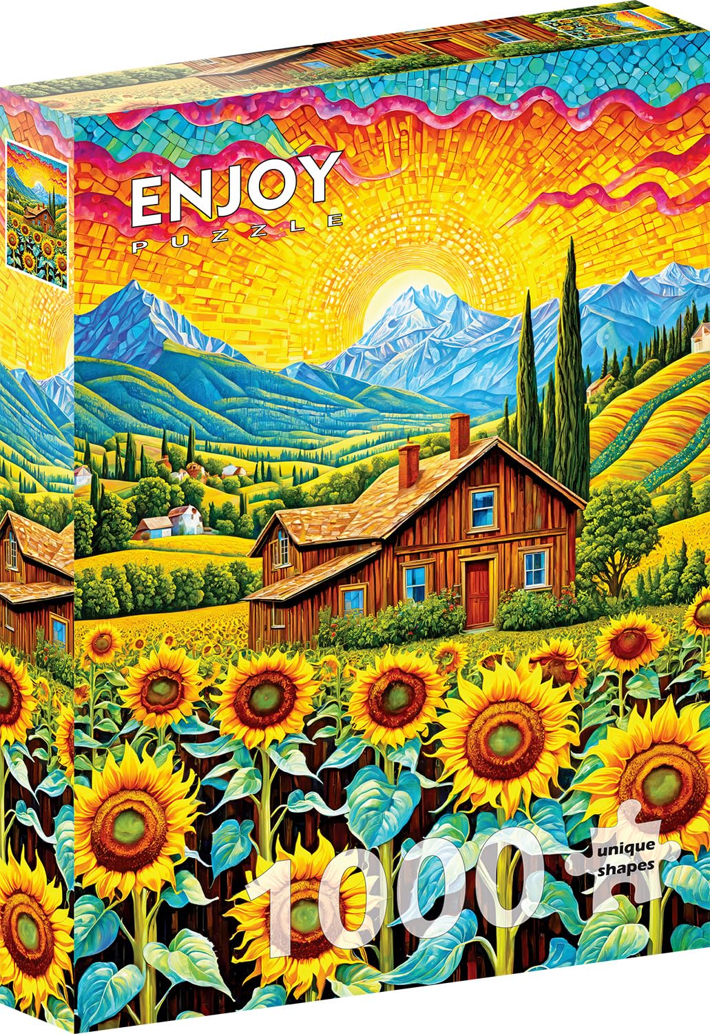 1000 Pieces Jigsaw Puzzle – House with Sunflower Garden in Mountains Landscape – by ENJOY Puzzle