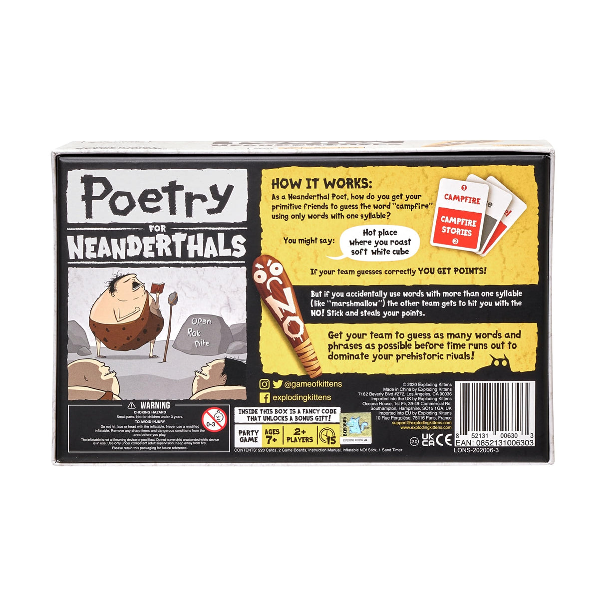 Exploding Kittens Presents Poetry for Neanderthals - Family Card Game for Adults, Teens & Kids - Competitive Word Guessing Family Games, Ages 7 and Up - Includes 200 cards and a 2-foot inflatable club
