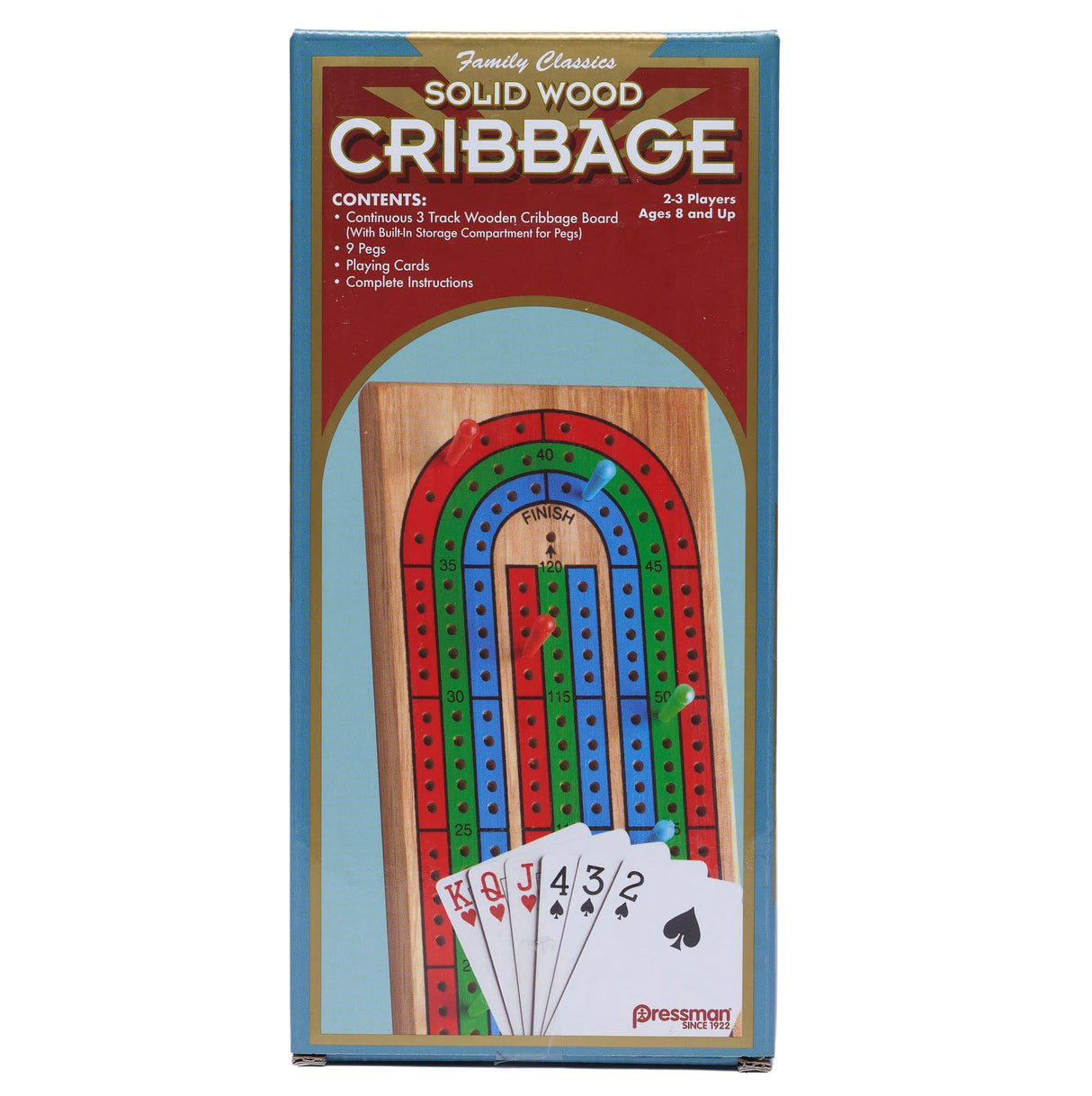 Cribbage with Cards - Solid Wood Continuous 3 Track Board with Built-In Storage Compartment for Pegs