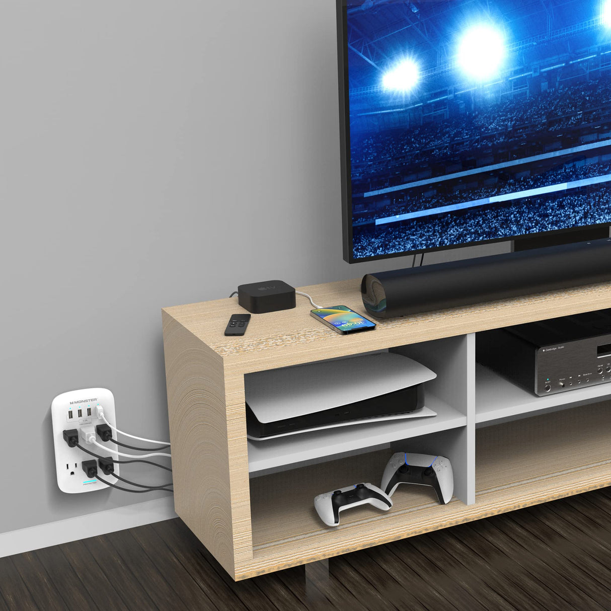 MONSTER POWER WALL TAP SURGE PROTECTOR 6 AC 4 USB-A (4.2AMP) 980J FIREPROOF MOV