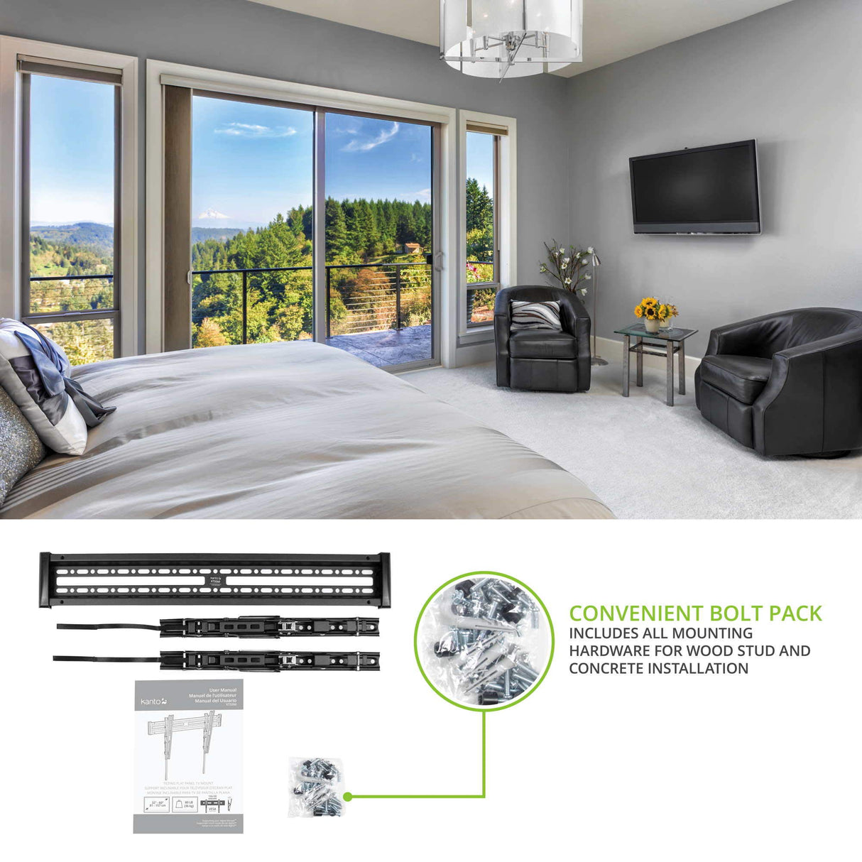 Kanto KT3260 Tilting TV Wall Mount | Fits 32” to 60” Monitors | Fits VESA Sizes 100 x 100 to 600 x 400 | Tilt Mechanism | Quick Release Tabs | Solid Steel Construction | Dual Stud Wall Plate | Black