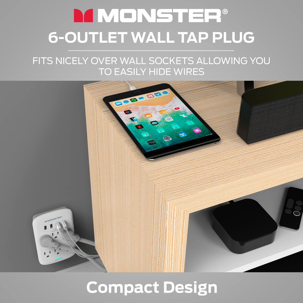 MONSTER POWER WALL TAP SURGE PROTECTOR 6 AC 4 USB-A (4.2AMP) 980J FIREPROOF MOV