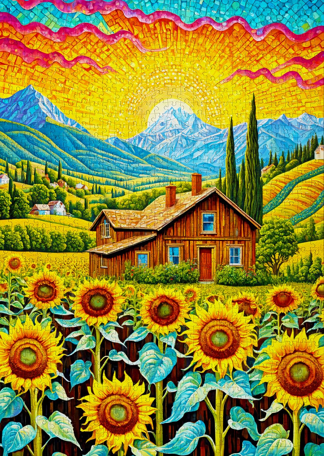 1000 Pieces Jigsaw Puzzle – House with Sunflower Garden in Mountains Landscape – by ENJOY Puzzle