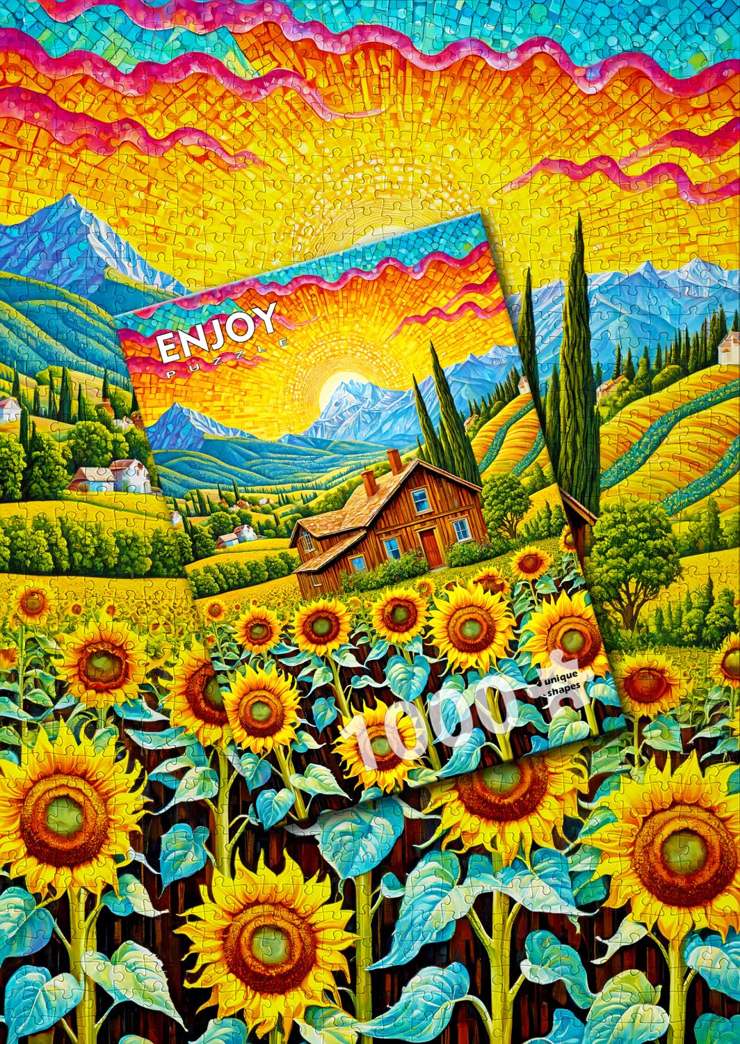 1000 Pieces Jigsaw Puzzle – House with Sunflower Garden in Mountains Landscape – by ENJOY Puzzle
