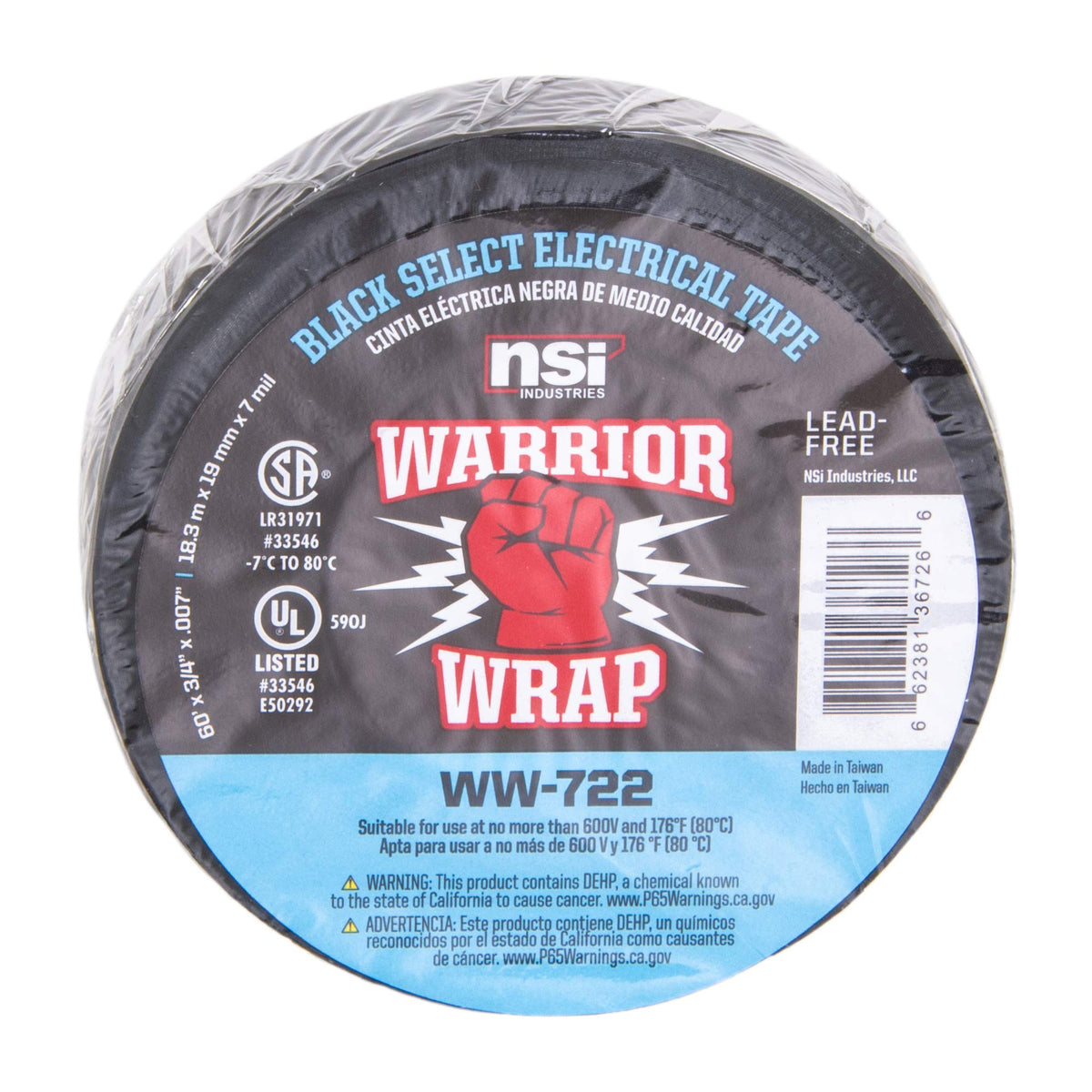NSi Industries WarriorWrap Select 3/4 in. x 60 ft. 7 mil Vinyl Electrical Tape, Black