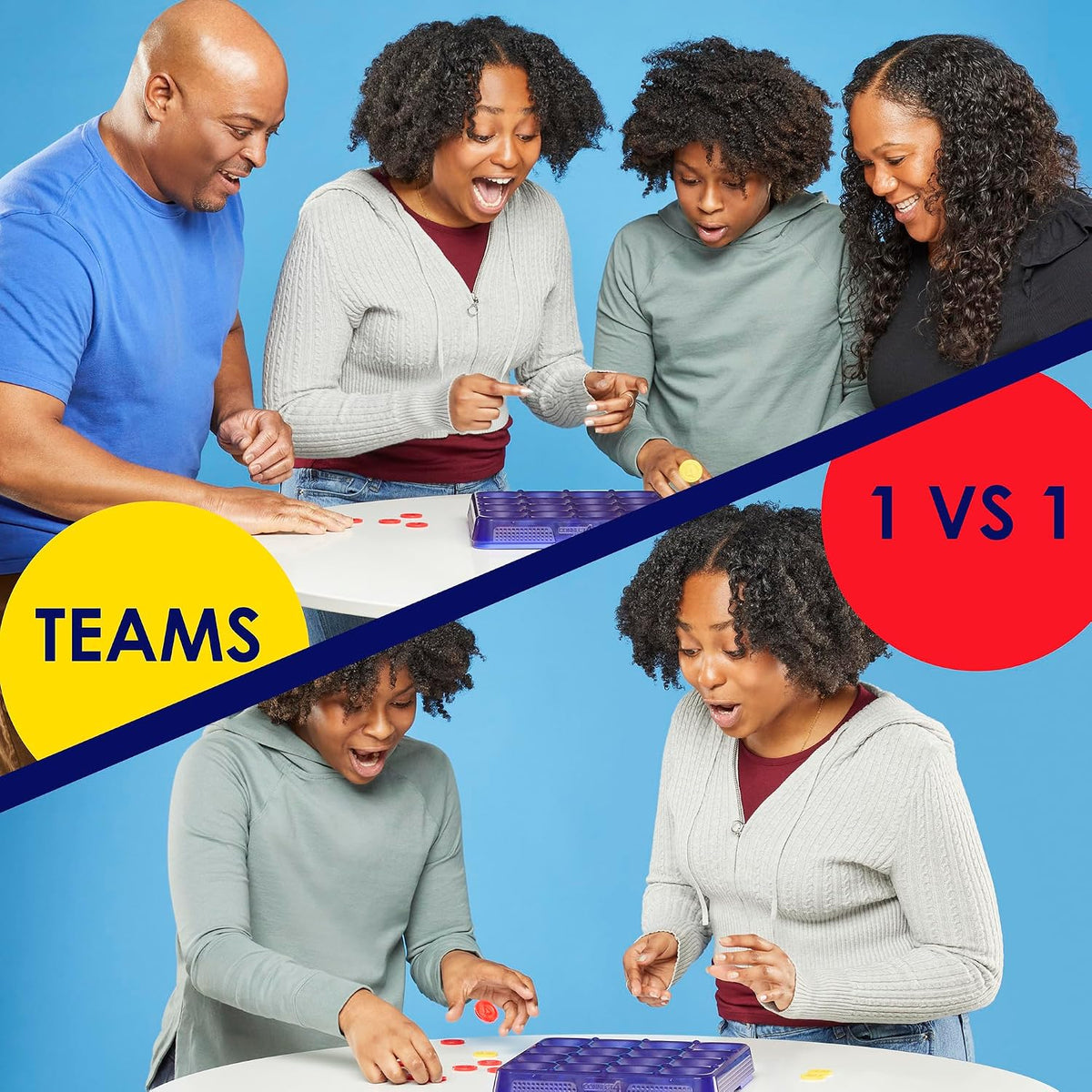 Family playing Connect 4 Frenzy in teams or 1 vs 1