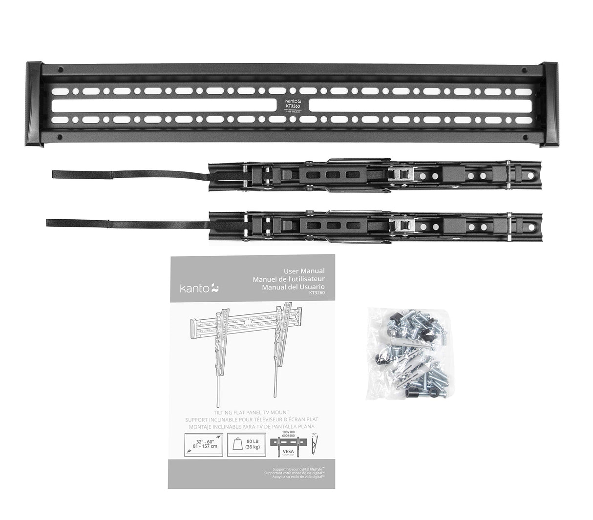 Kanto KT3260 Tilting TV Wall Mount | Fits 32” to 60” Monitors | Fits VESA Sizes 100 x 100 to 600 x 400 | Tilt Mechanism | Quick Release Tabs | Solid Steel Construction | Dual Stud Wall Plate | Black