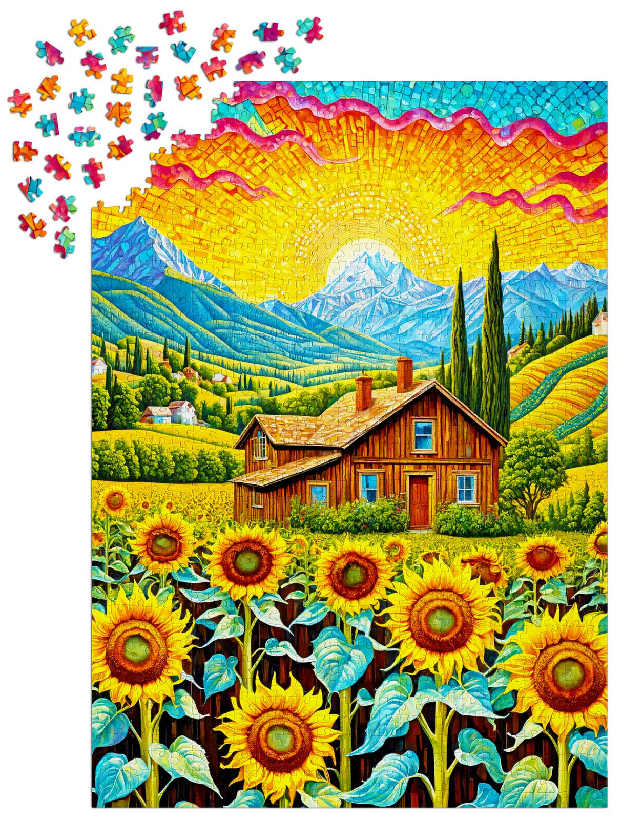 1000 Pieces Jigsaw Puzzle – House with Sunflower Garden in Mountains Landscape – by ENJOY Puzzle