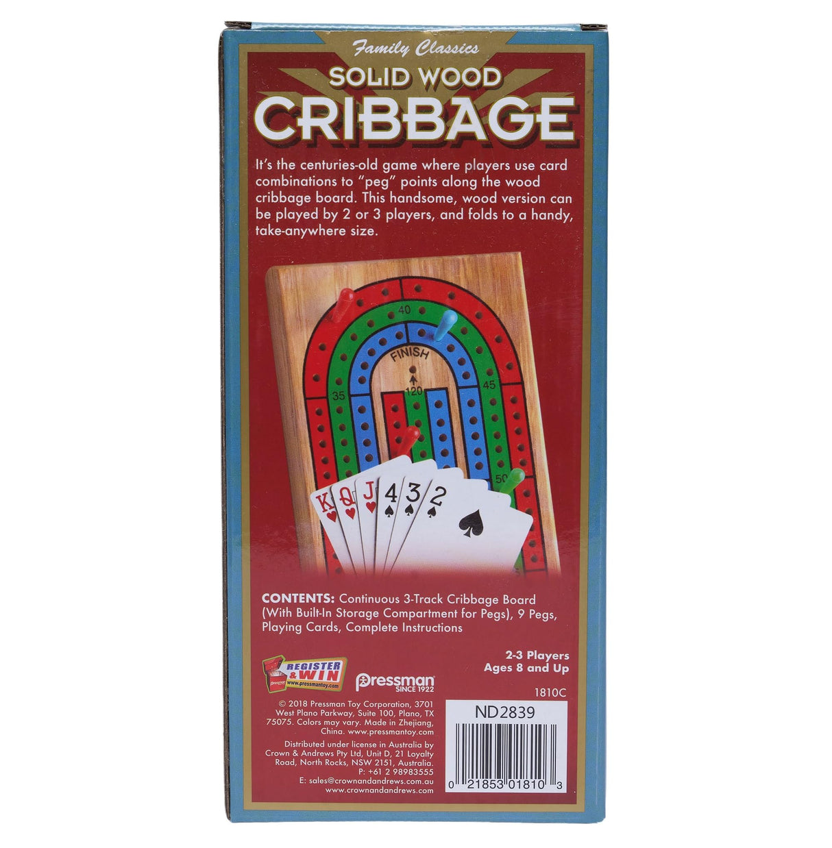Cribbage with Cards - Solid Wood Continuous 3 Track Board with Built-In Storage Compartment for Pegs