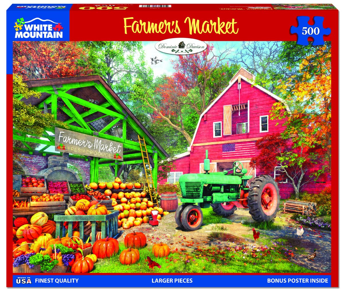 White Mountain - Farmer’s Market, 500 Piece Jigsaw Puzzle, Farm Puzzle, Big Red Barn, Pumpkins