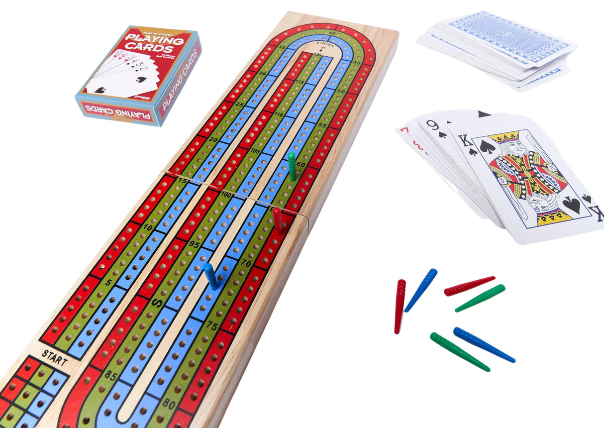Cribbage with Cards - Solid Wood Continuous 3 Track Board with Built-In Storage Compartment for Pegs