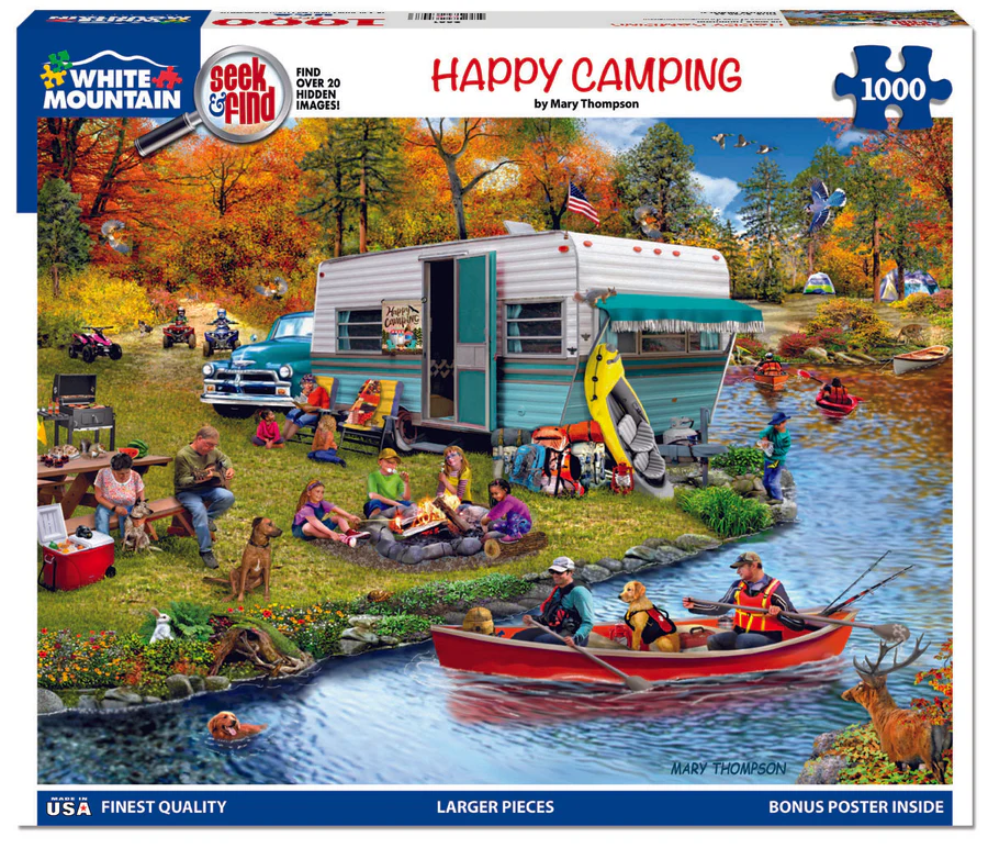 White Mountain Puzzles - Happy Camping-Seek & Find- 1000 Piece Jigsaw Puzzle