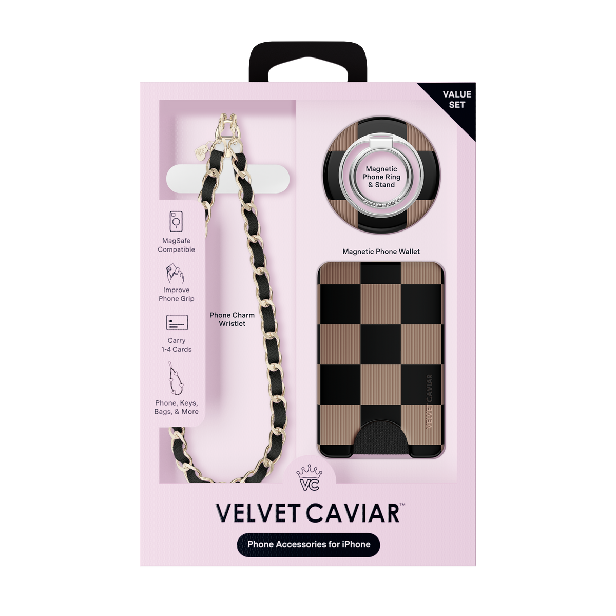 VELVET CAVIAR - 3pc Phone Accessory Gift Set - Mocha Vibe Checker