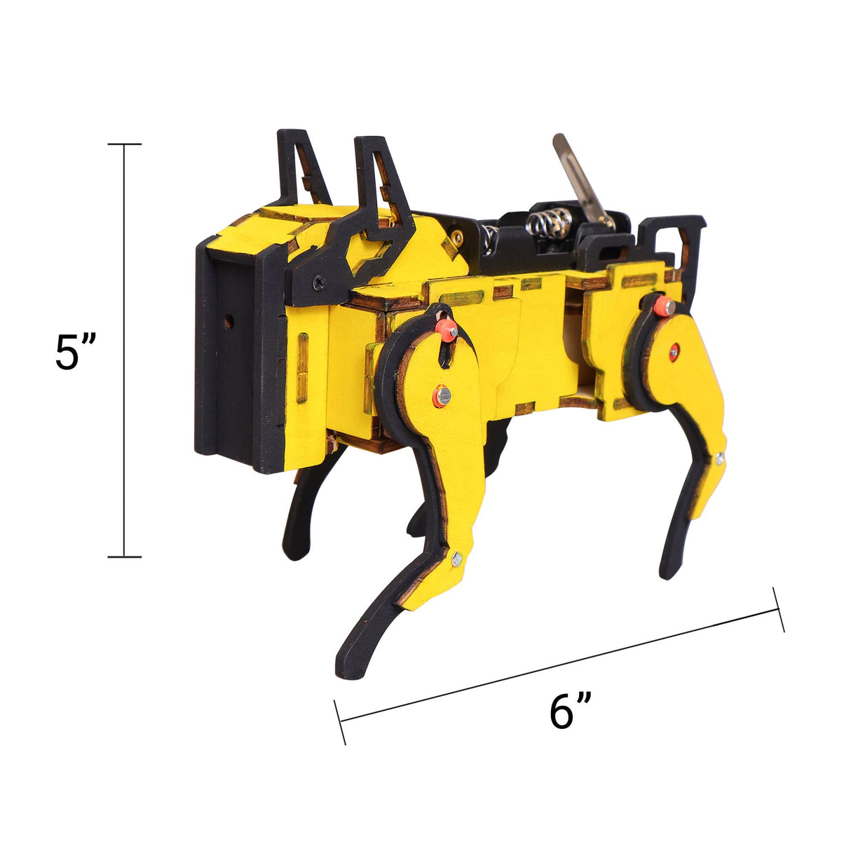 Yellow and black robot dog with dimensions indicated on a white background