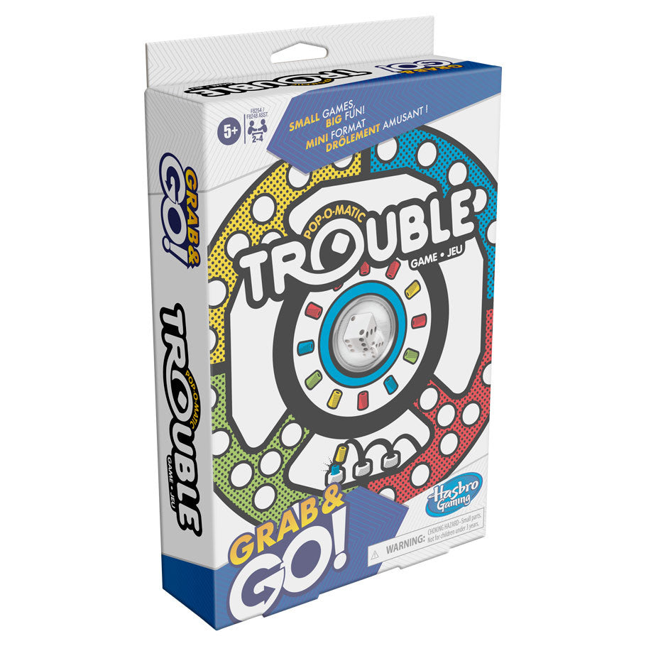 Hasbro Gaming Trouble Grab and Go travel game, 3D view of package