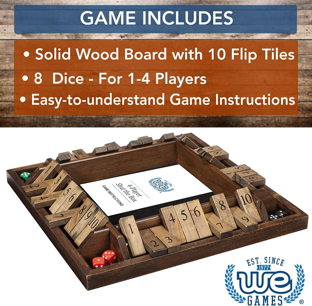 Wooden game board with flip tiles and dice on a wooden background, featuring WE Games branding.