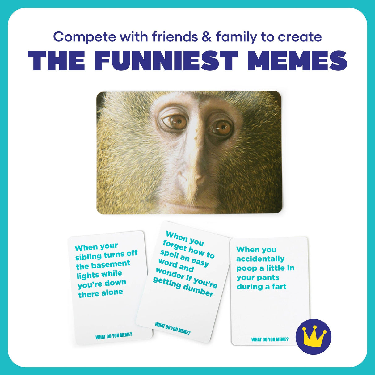 Card game packaging with a monkey card and humorous text prompts on a blue background