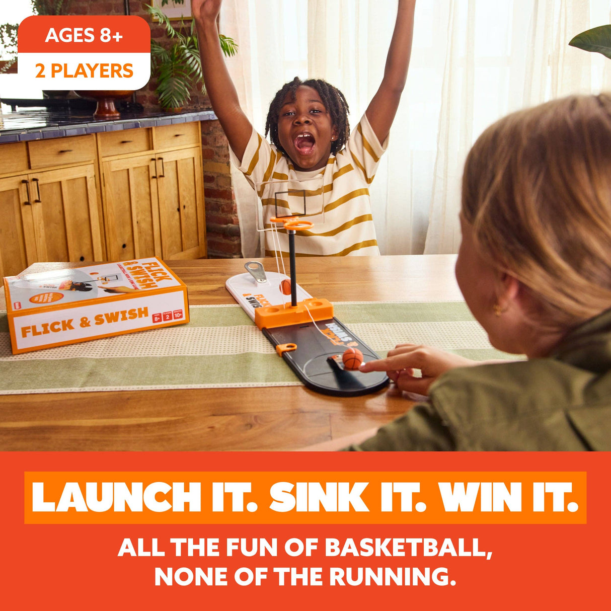 Children playing with a basketball game on a table, with promotional text about the game.