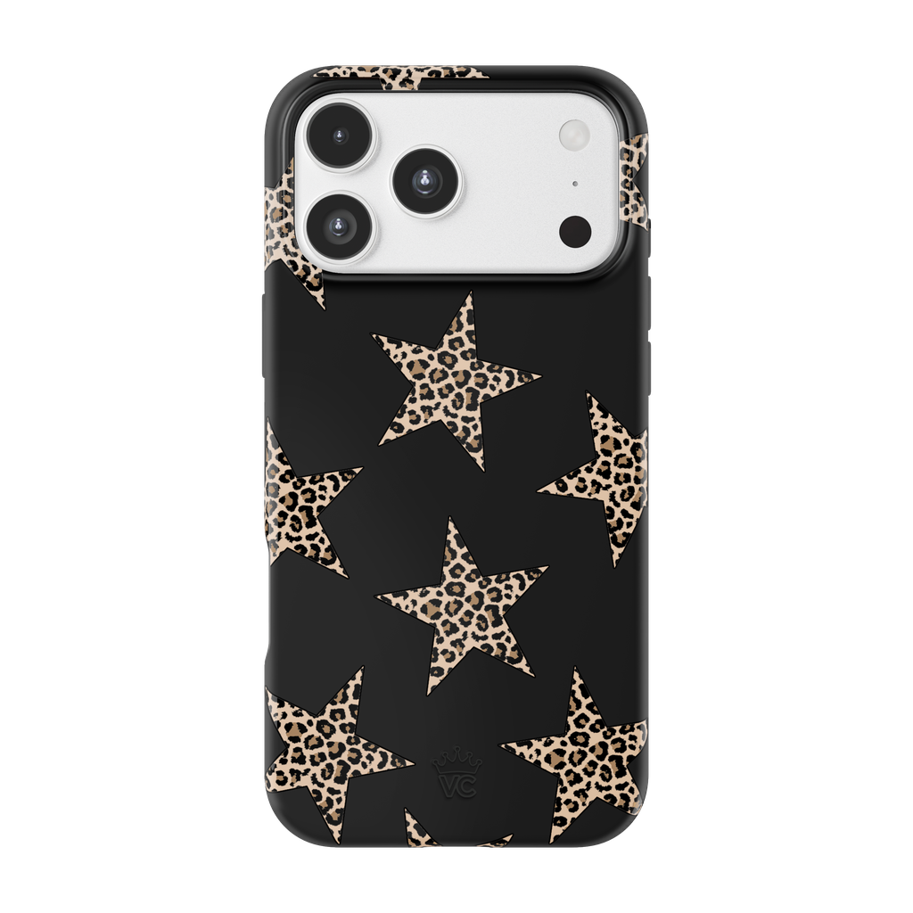 A black phone case with a pattern of large leopard-print stars, shown on a white smartphone against a plain white background.