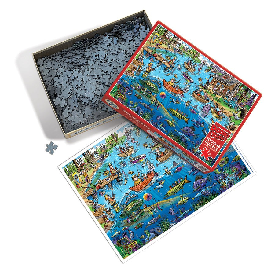 Cobble Hill 1000 Piece Puzzle - DoodleTown: Gone Fishing - box and pieces
