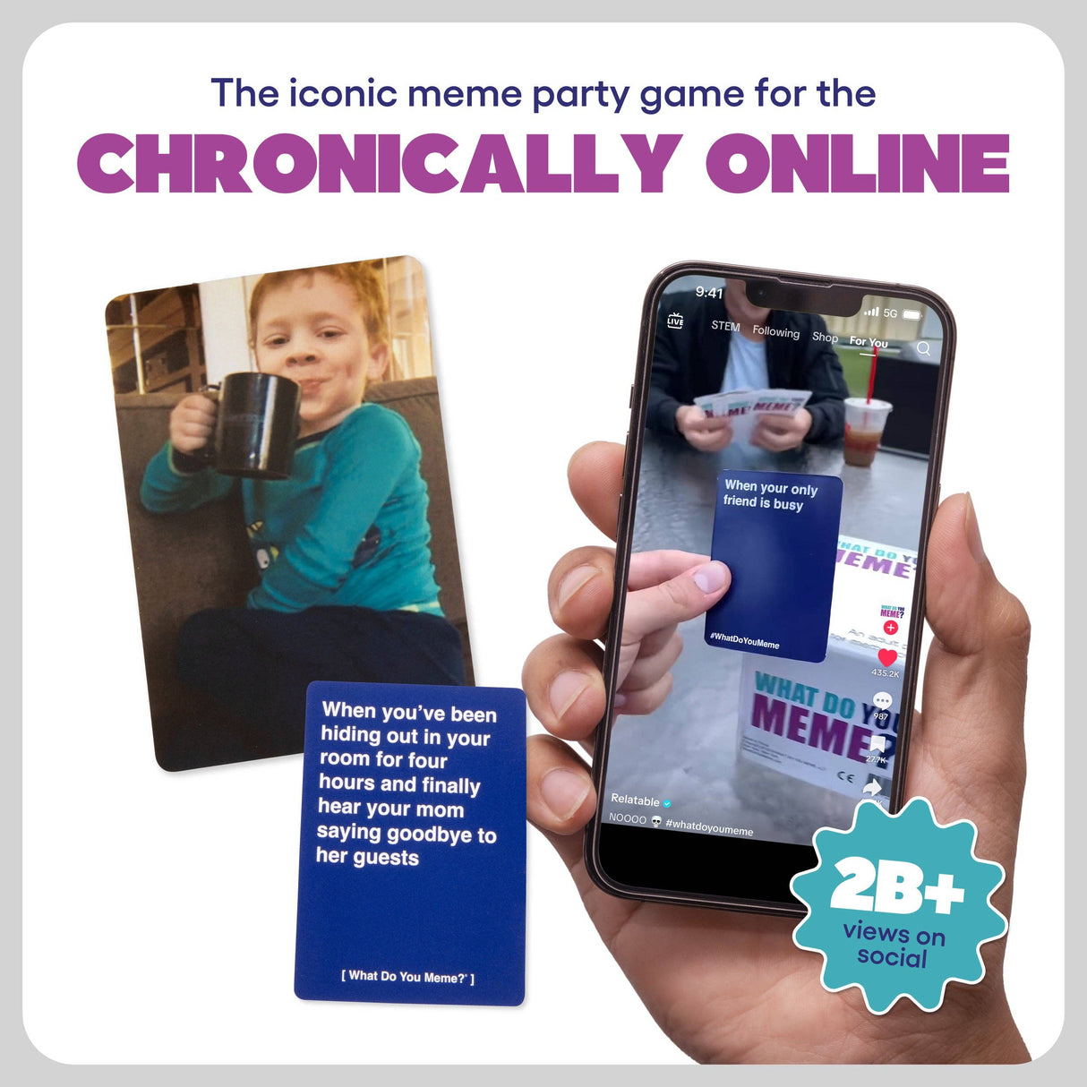 Promotional graphic for a meme party game with text 'The iconic meme party game for the Chronically Online' and a phone displaying the game.