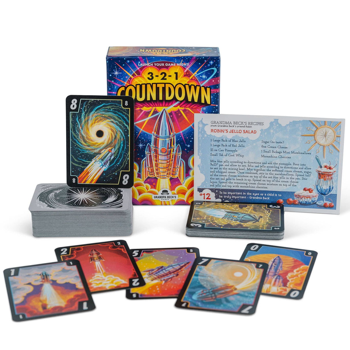 Card game set with colorful cards and packaging on a white background