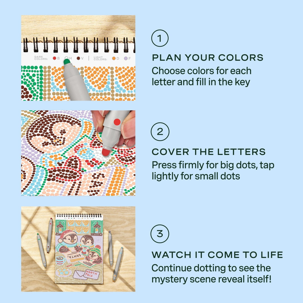 Lifelines FlowArt Dot-By-Letter, Holiday Helpers - how to use: plan your colors, cover the letters, watch it come to life