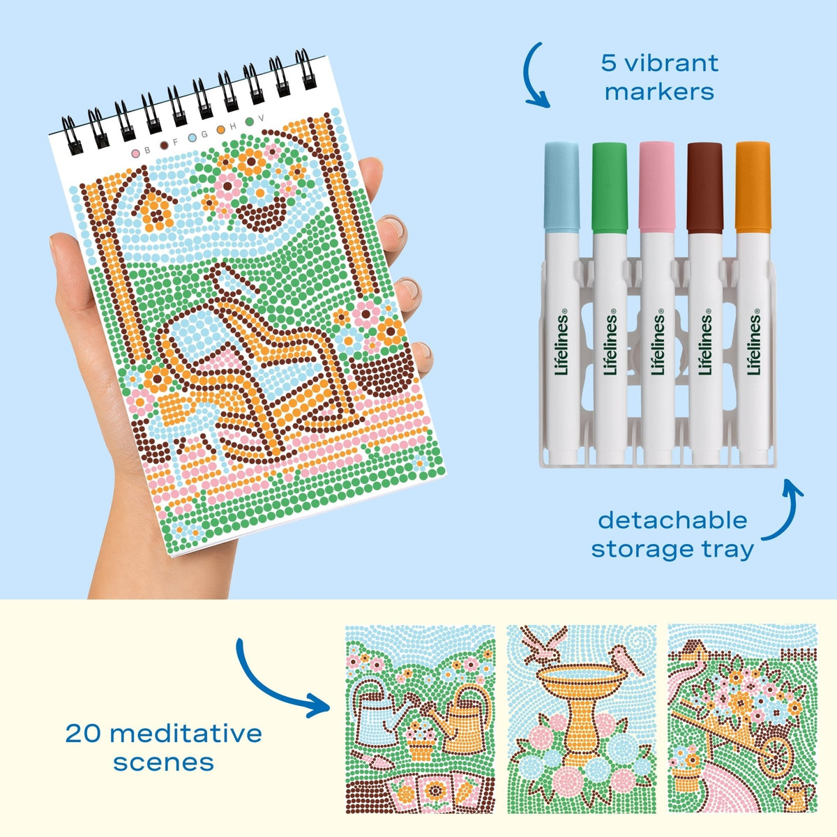 Lifelines FlowArt Mini Dot-by-Letter Cottage Garden - includes 5 vibrant dot markers, detachable storage tray and 20 meditative scenes