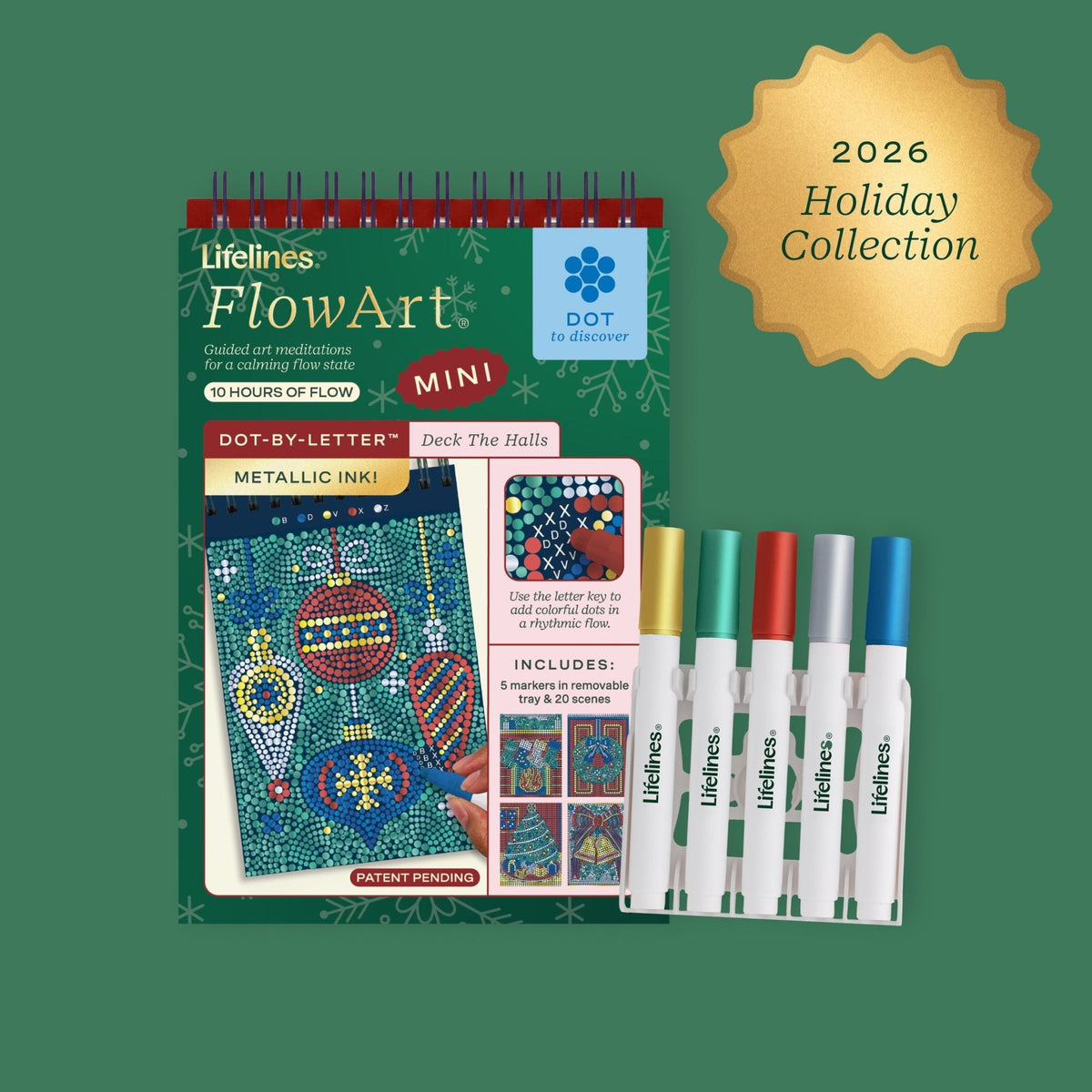 Lifelines FlowArt Mini Dot-by-Letter Deck the Halls Metallic Ink - package front with pad, 5 dot markers and storage tray
