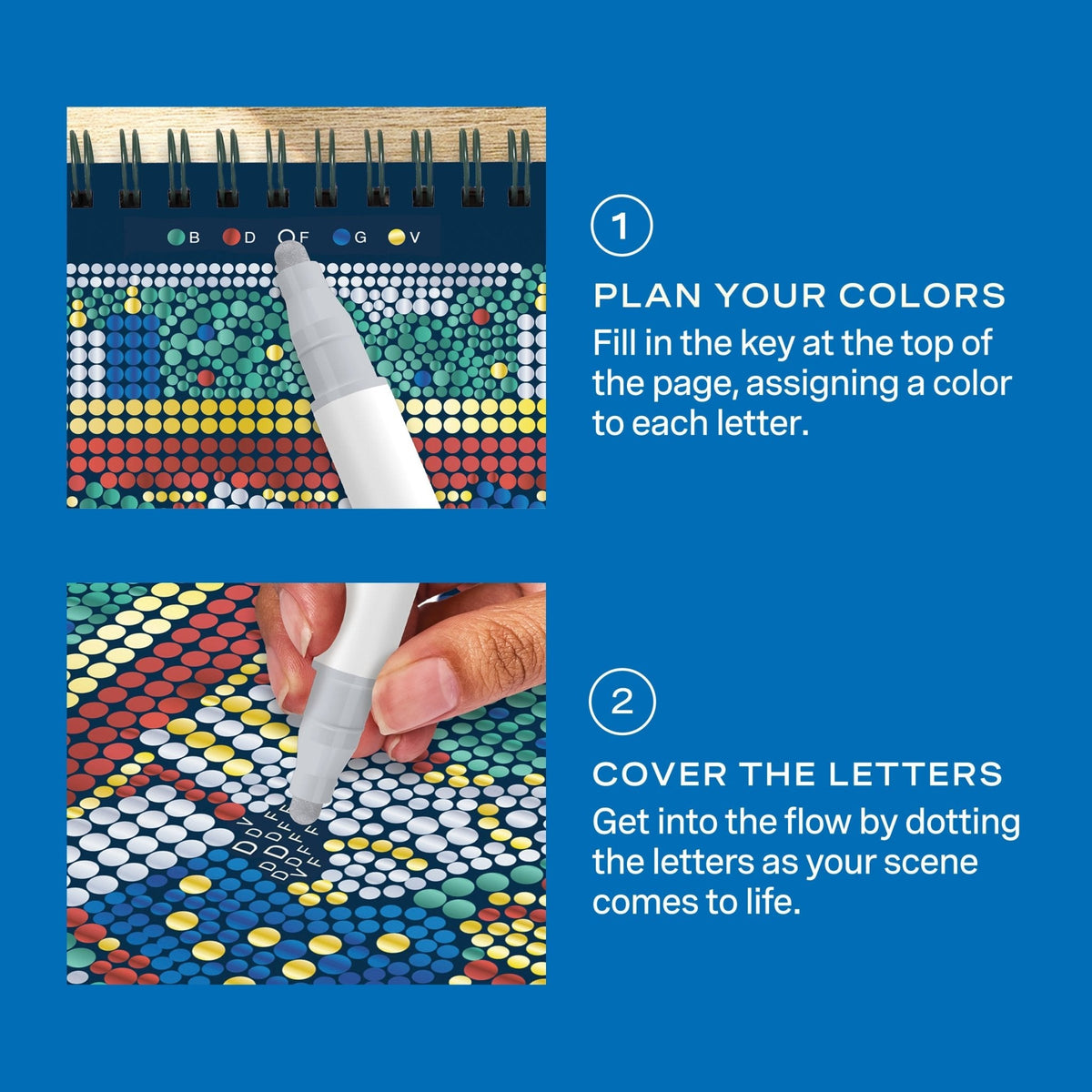 Lifelines FlowArt Mini Dot-by-Letter Deck the Halls Metallic Ink - how to use: plan your colors, then cover the letters