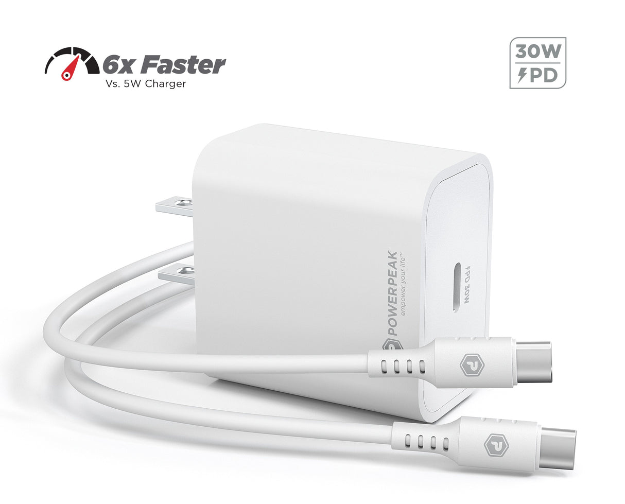 PowerPeak ULTRAFAST 30W PPS High Speed USB C Wall Charger with Type C 6 ft cable -White
