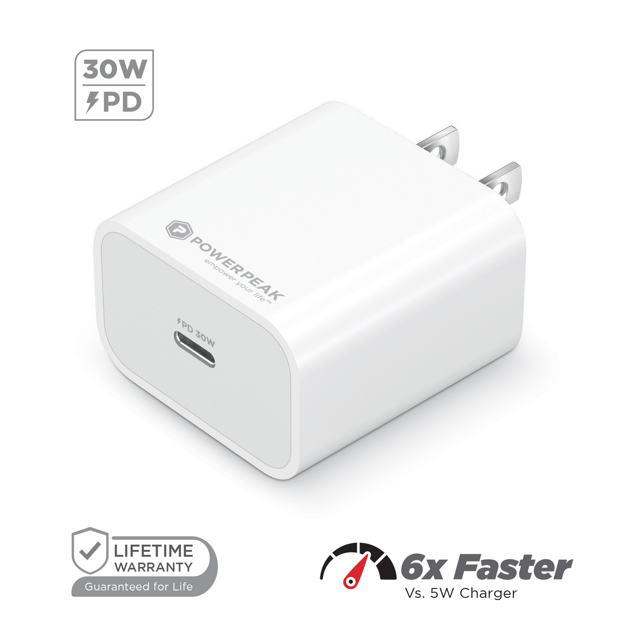 PowerPeak ECONOMY - ULTRAFAST 30W PPS High Speed USB C Wall Charger - White