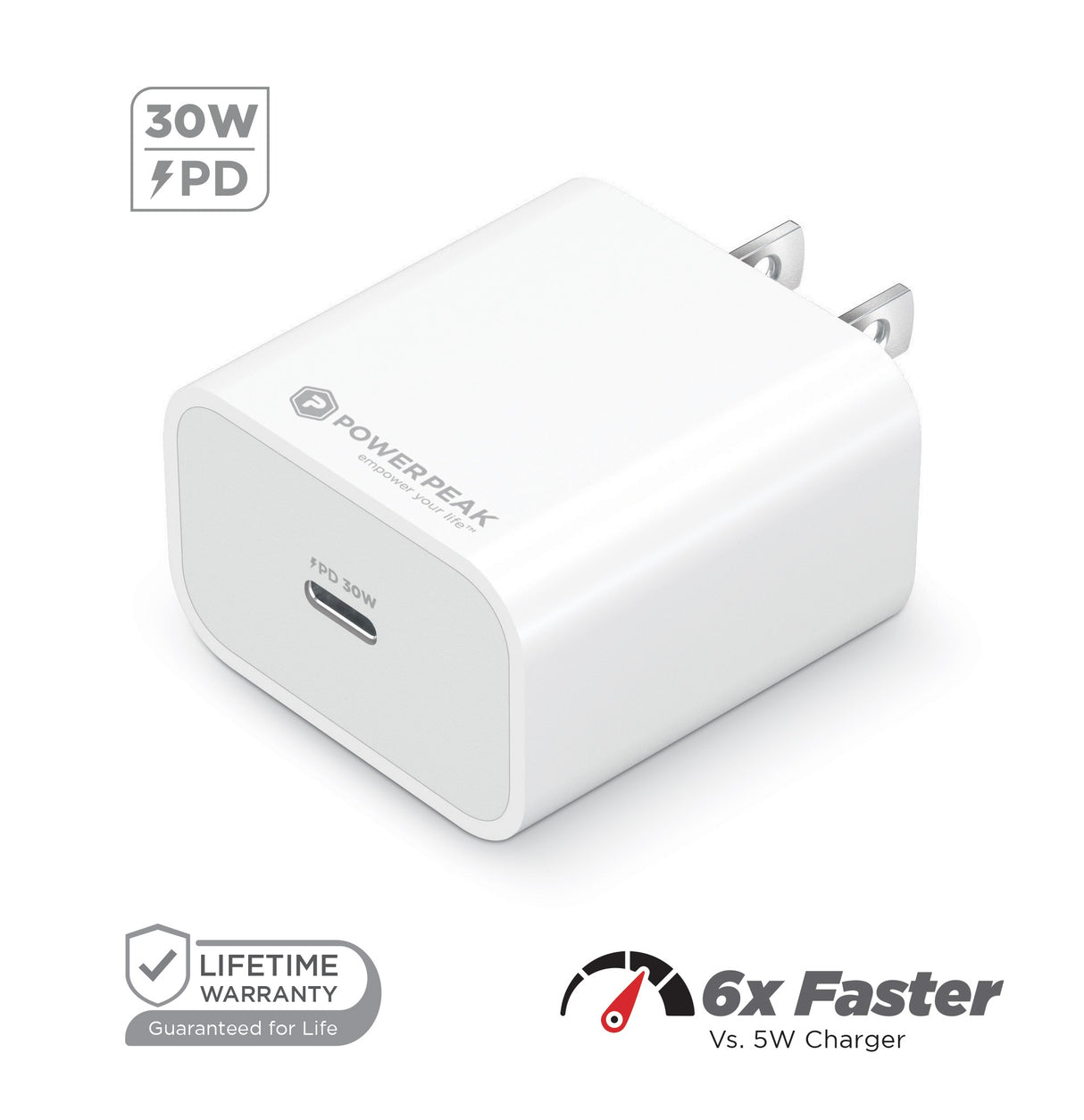 PowerPeak ULTRAFAST 30W PPS High Speed USB C Wall Charger with Type C 6 ft cable -White