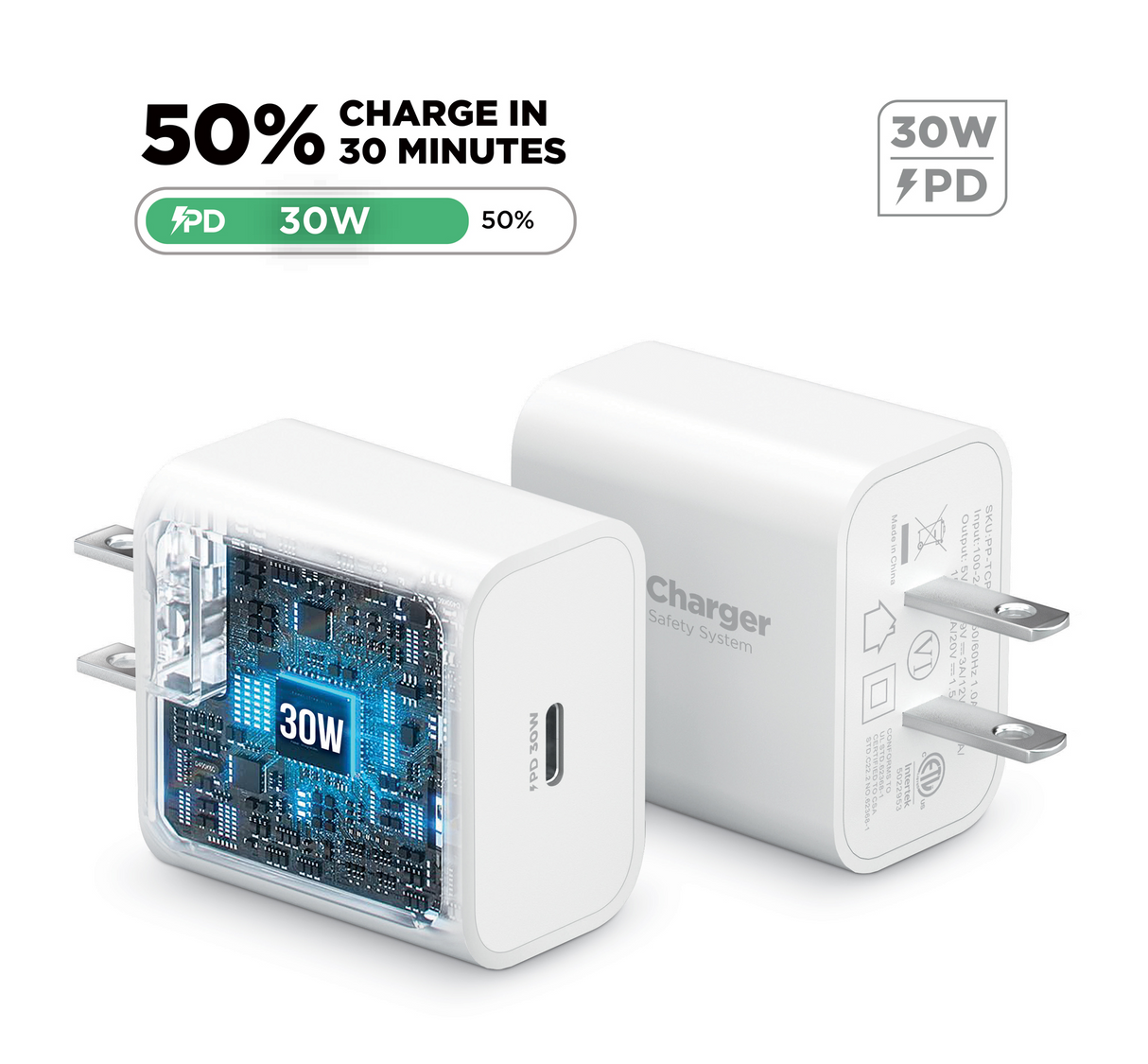 PowerPeak ECONOMY - ULTRAFAST 30W PPS High Speed USB C Wall Charger - White