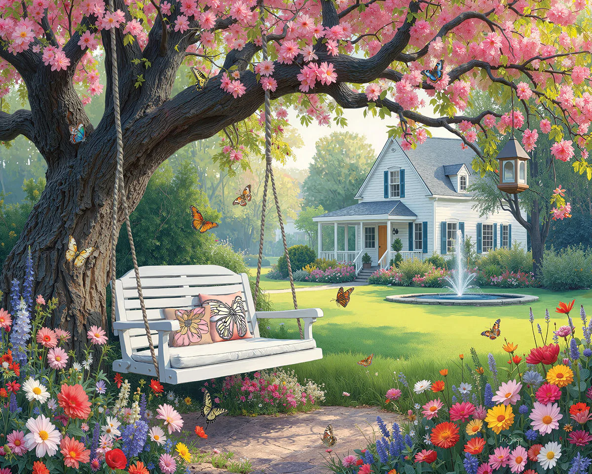 White Mountain Puzzles - Under Pink Blooms - 1000 Piece Jigsaw Puzzle