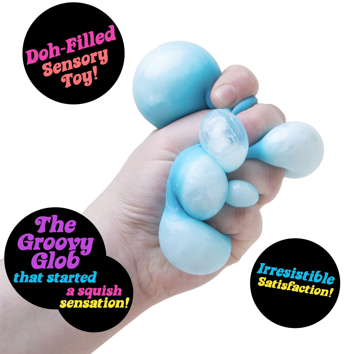 Hand holding a blue squishy toy with text describing it as a doh-filled sensory toy.