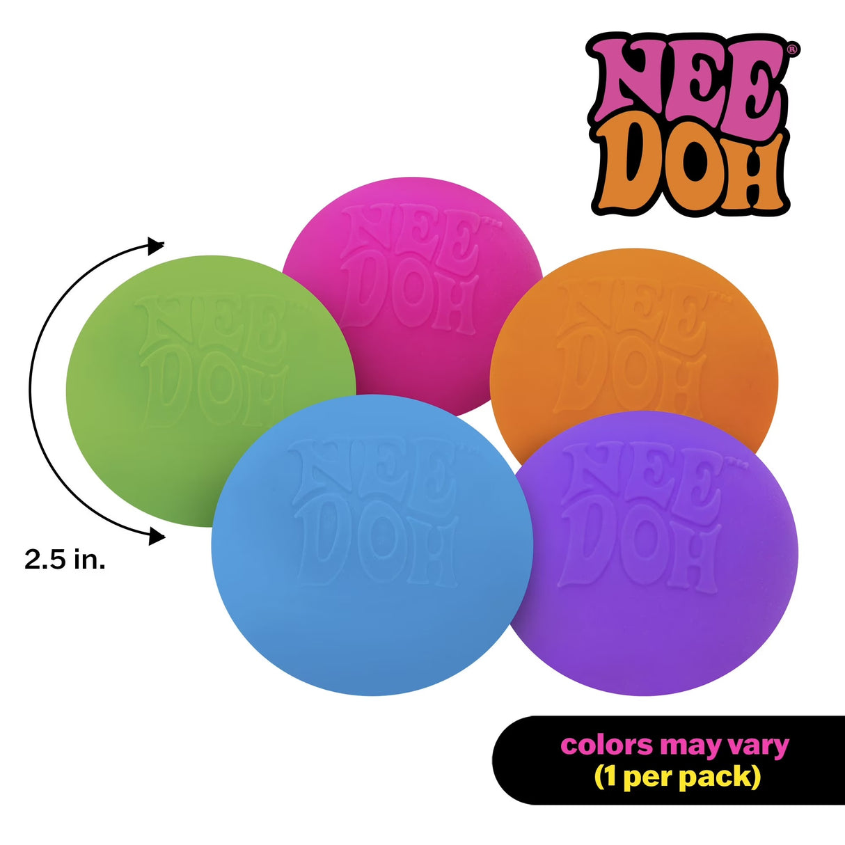 Five colorful Nee Doh balls with a size indicator and brand name on a white background.
