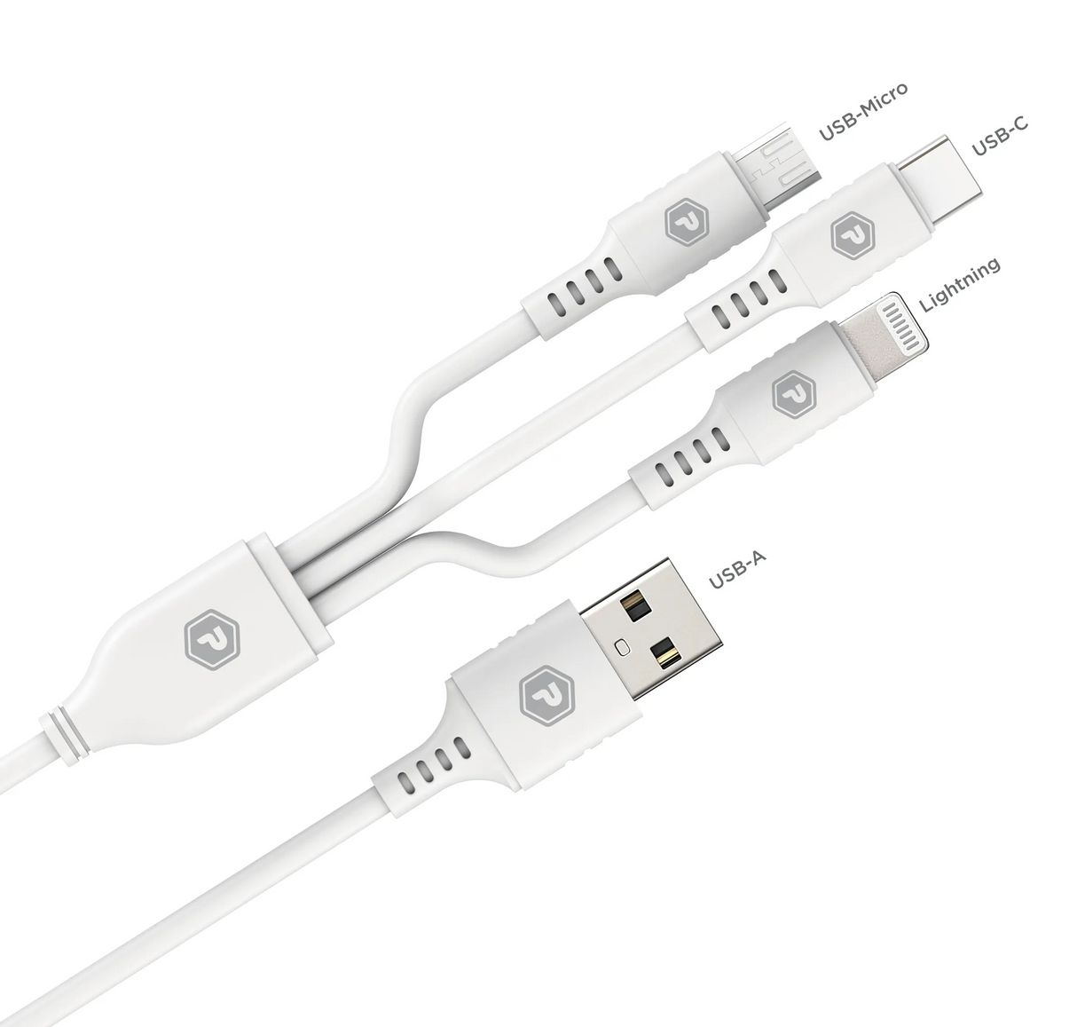 PowerPeak ECONOMY 3 in 1 Cable 3 ft USB-A to Micro, Lightning, and USB-C - White