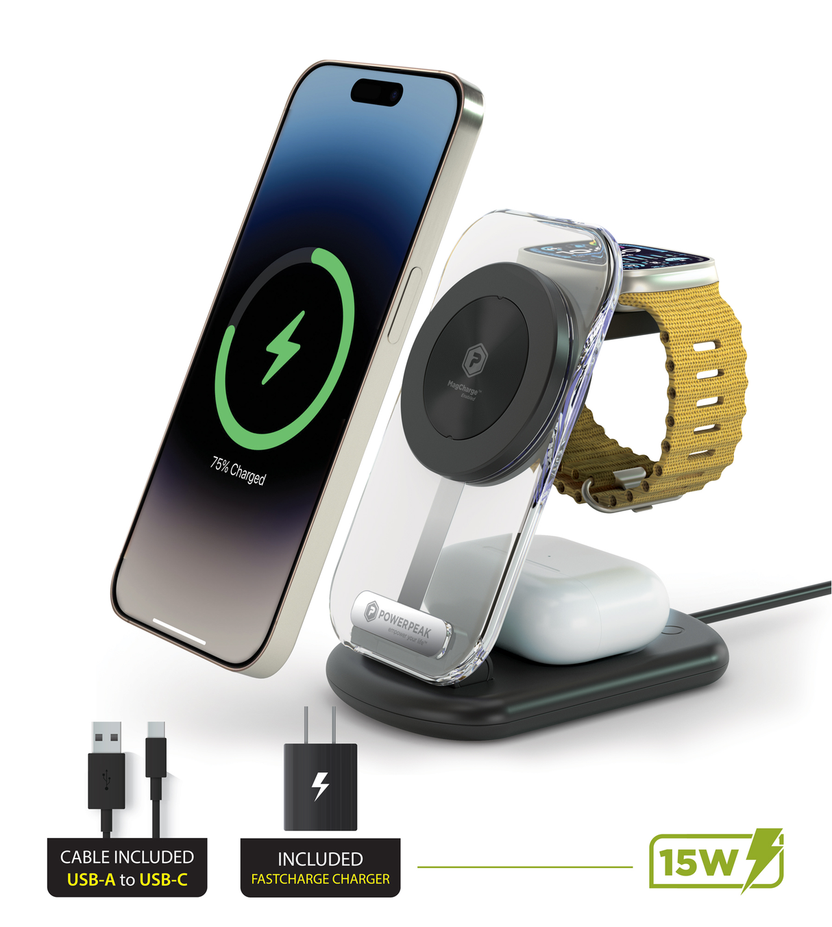 PowerPeak 3-in-1 Folding MagCharge Wireless Charging Station - 15W
