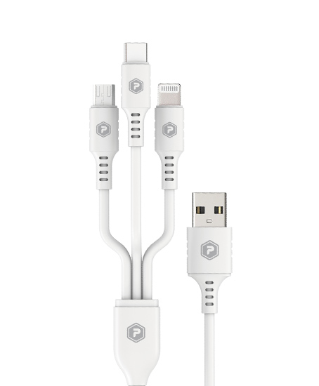PowerPeak ECONOMY 3 in 1 Cable 3 ft USB-A to Micro, Lightning, and USB-C - White