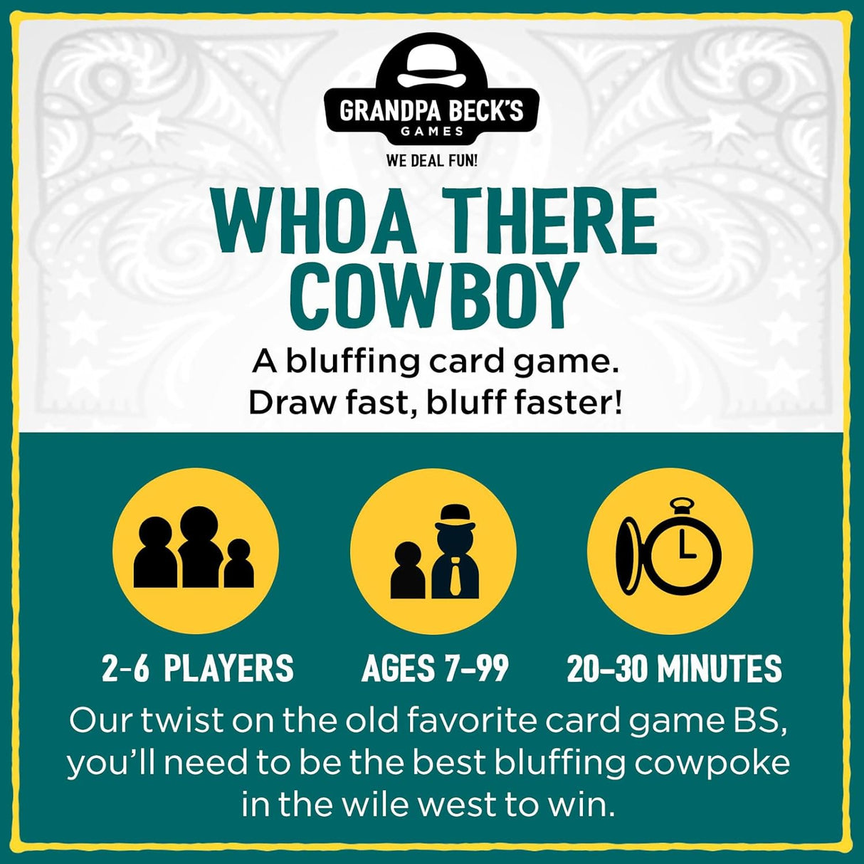 Promotional graphic for 'Whoa There Cowboy' card game by Grandpa Beck's Games