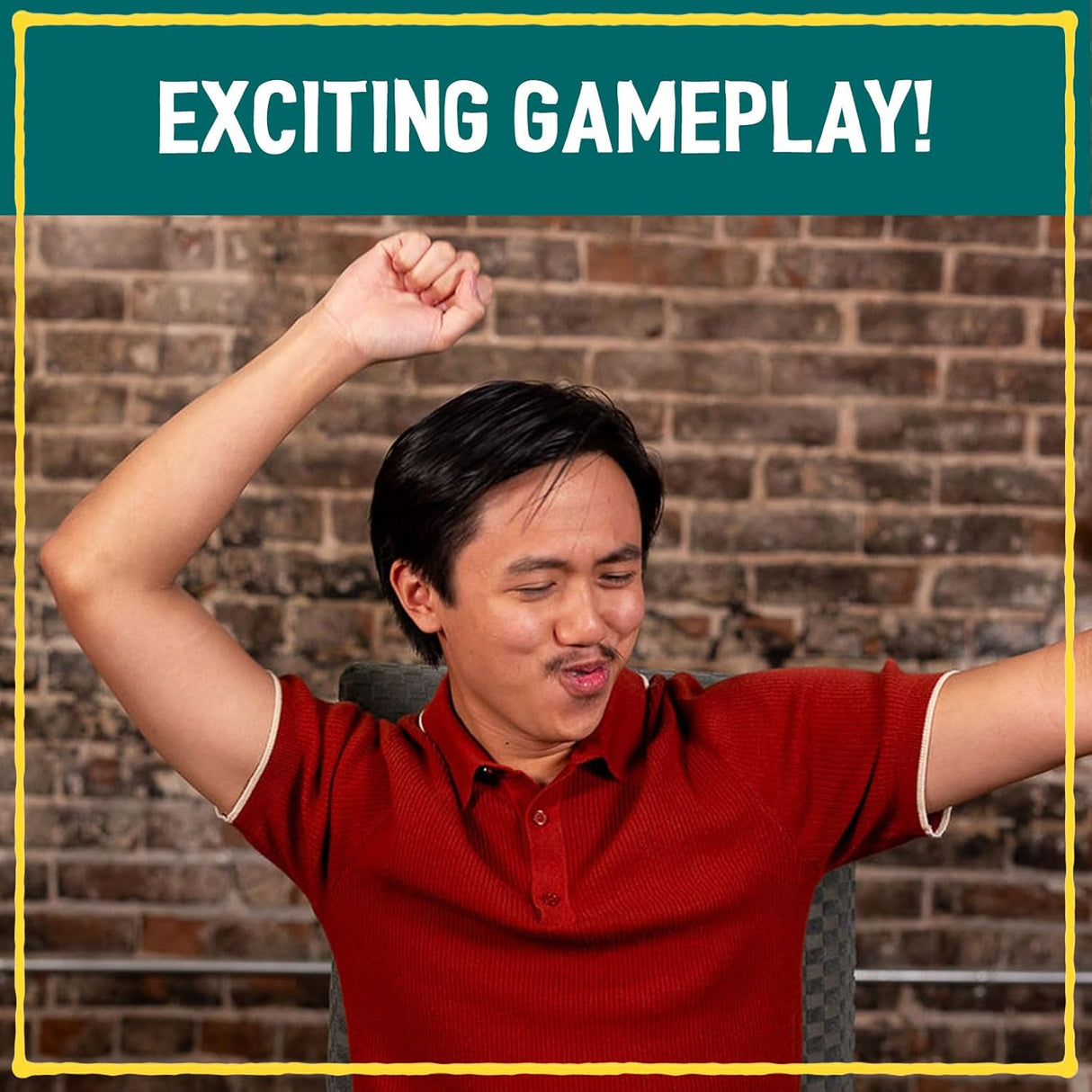 Man in red shirt with arms raised in excitement against a brick wall, text 'EXCITING GAMEPLAY!' at the top.