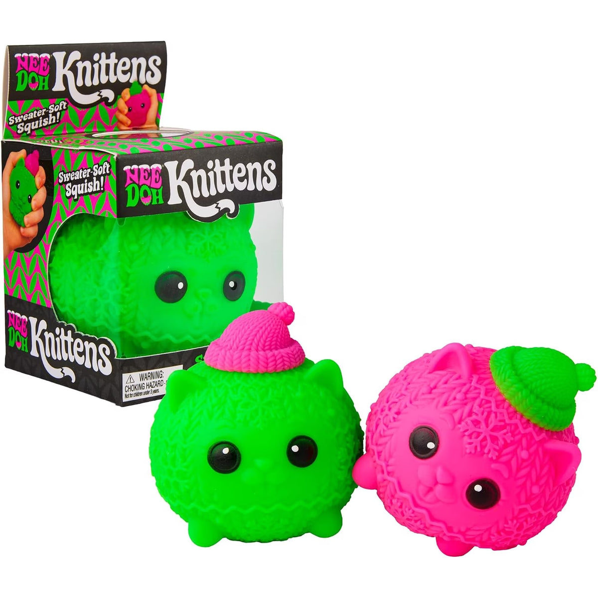 Two NeeDoh Knittens squishy toys, one green with a pink knit hat and one pink with a green knit hat, shown in front of their retail packaging box on a white background.