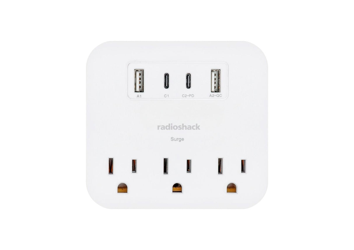 RadioShack 3 Outlet Wall Tap + 2 USB -C + 2 USB with Overload protection 490J 6100857